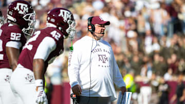 Nov 22, 2025; College Station, Texas, USA; Texas A&M Aggies head coach Mike Elko on the field in the second half of a game against the Samford Bulldogs at Kyle Field. Mandatory Credit: Joseph Buvid-Imagn Images