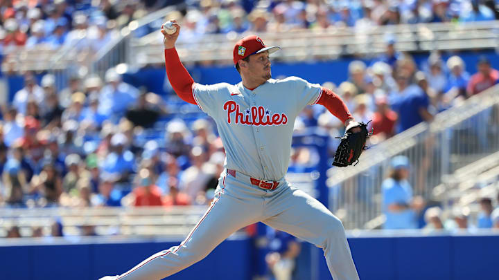 Feb 21, 2026; Dunedin, Florida, USA; Philadelphia Phillies pitcher Zach McCambley (39) throws a pitch during the third inning against the Toronto Blue Jays  at TD Ballpark. Mandatory Credit: Kim Klement Neitzel-Imagn Images