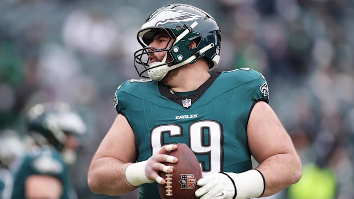 Jan 26, 2025; Philadelphia, PA, USA; Philadelphia Eagles guard Landon Dickerson (69) warms up before the NFC Championship game at Lincoln Financial Field.