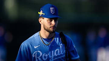 Mar 4, 2023; Surprise, Arizona, USA; Kansas City Royals designated hitter Carter Jensen against the Los Angeles Dodgers during a spring training game at Surprise Stadium. Mandatory Credit: Mark J. Rebilas-Imagn Images