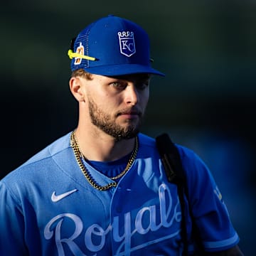 Mar 4, 2023; Surprise, Arizona, USA; Kansas City Royals designated hitter Carter Jensen against the Los Angeles Dodgers during a spring training game at Surprise Stadium. Mandatory Credit: Mark J. Rebilas-Imagn Images