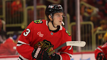 Apr 6, 2025; Chicago, Illinois, USA; Chicago Blackhawks left wing Lukas Reichel (73) warms up before the second period against the Pittsburgh Penguins at United Center. Mandatory Credit: Talia Sprague-Imagn Images