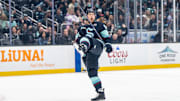 Mar 12, 2025; Seattle, Washington, USA;  Seattle Kraken defenseman Brandon Montour (62) celebrates scoring a goal against the Montreal Canadiens during the first periodat Climate Pledge Arena. Mandatory Credit: Stephen Brashear-Imagn Images