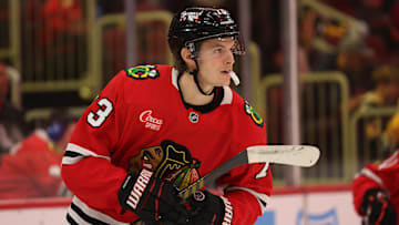 Apr 6, 2025; Chicago, Illinois, USA; Chicago Blackhawks left wing Lukas Reichel (73) warms up before the second period against the Pittsburgh Penguins at United Center. Mandatory Credit: Talia Sprague-Imagn Images