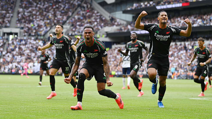 Gabriel celebrates his winner in Sunday's derby