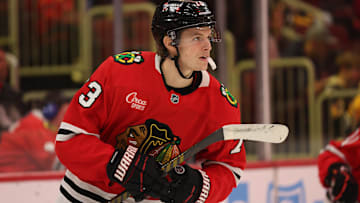 Chicago Blackhawks left wing Lukas Reichel (73) warms up before the second period against the Pittsburgh Penguins at United Center.