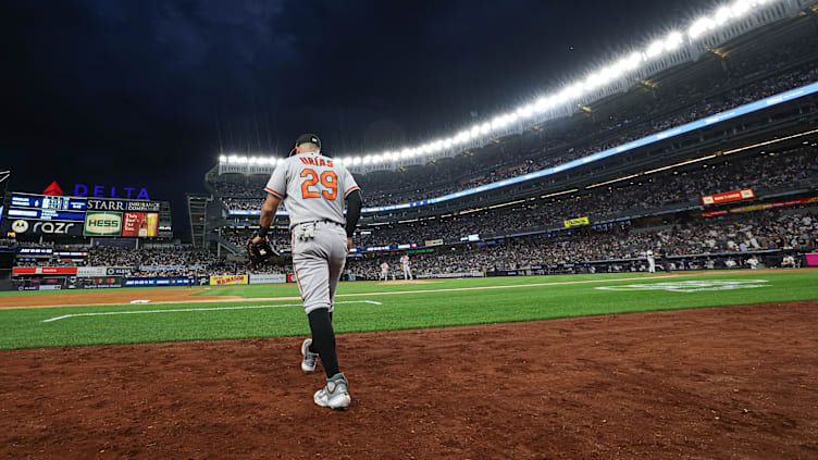 Jul 3, 2023; Bronx, New York, USA; Baltimore Orioles third baseman Ramon Urias (29) walks on to the