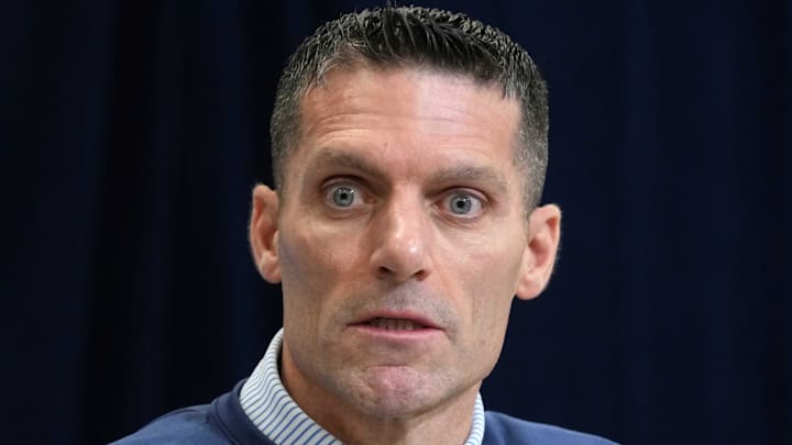 Houston Texans general manager Nick Caserio speaks during the 2025 NFL Scouting Combine at the Indiana Convention Center.