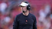 Sep 2, 2023; Los Angeles, California, USA; Southern California Trojans head coach Lincoln Riley reacts against the Nevada Wolf Pack  in the second half at United Airlines Field at Los Angeles Memorial Coliseum. Mandatory Credit: Kirby Lee-Imagn Images