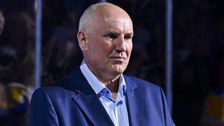Mar 25, 2024; St. Louis, Missouri, USA;  St. Louis Blues general manager Doug Armstrong looks on before a game against the Vegas Golden Knights at Enterprise Center. Mandatory Credit: Jeff Curry-Imagn Images