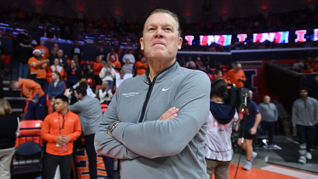 Dec 13, 2025; Champaign, Illinois, USA; Illinois Fighting Illini head coach Brad Underwood before the first half against the Nebraska Cornhuskers at State Farm Center. Mandatory Credit: Ron Johnson-Imagn Images Dec 13, 2025; Champaign, Illinois, USA; Illinois Fighting Illini head coach Brad Underwood before the first half against the Nebraska Cornhuskers at State Farm Center. Mandatory Credit: Ron Johnson-Imagn Images