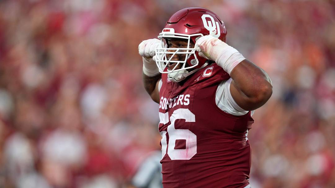 Oklahoma Sooners defensive lineman Gracen Halton (56) celebrates after a sack during a college football game between the University of Oklahoma Sooners (OU) and the Auburn Tigers at Gaylord Family Ð Oklahoma Memorial Stadium in Norman, Okla., Saturday,Sept. 20, 2025. Oklahoma won 24-17.