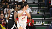Jul 10, 2025; Washington, District of Columbia, USA; Washington Mystics guard Sonia Citron (22) reacts after scoring a basket against the Las Vegas Aces during the fourth quarter at EagleBank Arena. Mandatory Credit: Rafael Suanes-Imagn Images