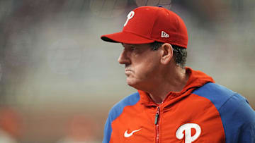 Oct 9, 2023; Cumberland, Georgia, USA; Philadelphia Phillies manager Rob Thomson (59) looks on during the seventh inning against the Atlanta Braves in game two of the NLDS for the 2023 MLB playoffs at Truist Park. Mandatory Credit: Dale Zanine-Imagn Images