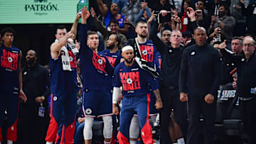 Apr 24, 2025; Inglewood, California, USA; Los Angeles Clippers guard Patty Mills (88) and the bench react against the Denver Nuggets during the first half of game three in the first round for the 2024 NBA Playoffs at Intuit Dome. Mandatory Credit: Gary A. Vasquez-Imagn Images