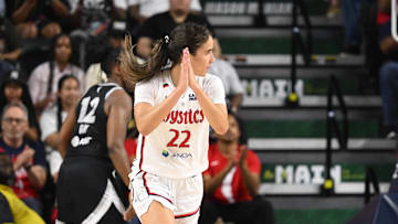Jul 10, 2025; Washington, District of Columbia, USA; Washington Mystics guard Sonia Citron (22) reacts after scoring a basket against the Las Vegas Aces during the fourth quarter at EagleBank Arena. Mandatory Credit: Rafael Suanes-Imagn Images