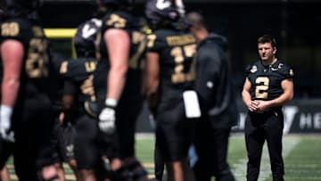 Vanderbilt quarterback Diego Pavia (2) watches the game as a bystander on the field during the Vanderbilt Football Black and Gold Spring Game at FirstBank Stadium in Nashville, Tenn., Saturday, April 12, 2025.