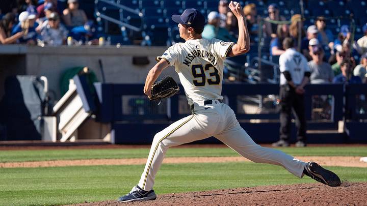 Mar 2, 2024; Phoenix, Arizona, USA; Milwaukee Brewers pitcher Jacob Misiorowski (93) on the mound in the eighth during a spring training game against the Los Angeles Dodgers at American Family Fields of Phoenix. Mandatory Credit: Allan Henry-Imagn Images