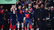 Apr 24, 2025; Inglewood, California, USA; Los Angeles Clippers guard Patty Mills (88) and the bench react against the Denver Nuggets during the first half of game three in the first round for the 2024 NBA Playoffs at Intuit Dome. Mandatory Credit: Gary A. Vasquez-Imagn Images