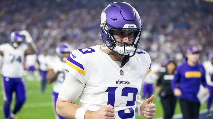 Jan 13, 2025; Glendale, AZ, USA; Minnesota Vikings quarterback Daniel Jones (13) against the Los Angeles Rams during an NFC wild card game at State Farm Stadium. Mandatory Credit: Mark J. Rebilas-Imagn Images
