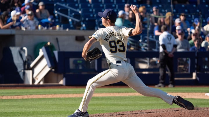 Mar 2, 2024; Phoenix, Arizona, USA; Milwaukee Brewers pitcher Jacob Misiorowski (93) on the mound in the eighth during a spring training game against the Los Angeles Dodgers at American Family Fields of Phoenix. Mandatory Credit: Allan Henry-USA TODAY Sports