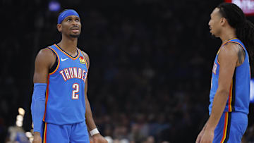 Oct 30, 2025; Oklahoma City, Oklahoma, USA; Oklahoma City Thunder guard Shai Gilgeous-Alexander (2) and forward Jaylin Williams (6) react after an officials call after a play against the Washington Wizards during the second quarter at Paycom Center. Mandatory Credit: Alonzo Adams-Imagn Images