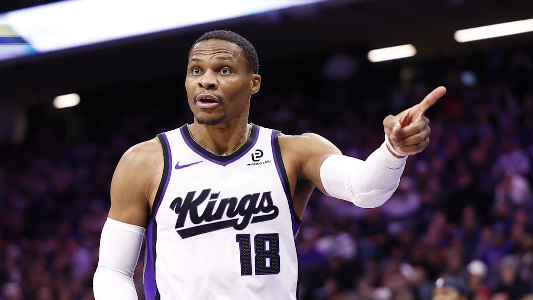 Nov 30, 2025; Sacramento, California, USA; Sacramento Kings guard Russell Westbrook (18) gestures after a play against the Memphis Grizzlies during the fourth quarter at Golden 1 Center.
