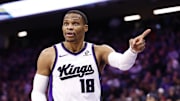 Nov 30, 2025; Sacramento, California, USA; Sacramento Kings guard Russell Westbrook (18) gestures after a play against the Memphis Grizzlies during the fourth quarter at Golden 1 Center.