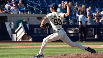 Mar 2, 2024; Phoenix, Arizona, USA; Milwaukee Brewers pitcher Jacob Misiorowski (93) on the mound in the eighth during a spring training game against the Los Angeles Dodgers at American Family Fields of Phoenix. Mandatory Credit: Allan Henry-Imagn Images