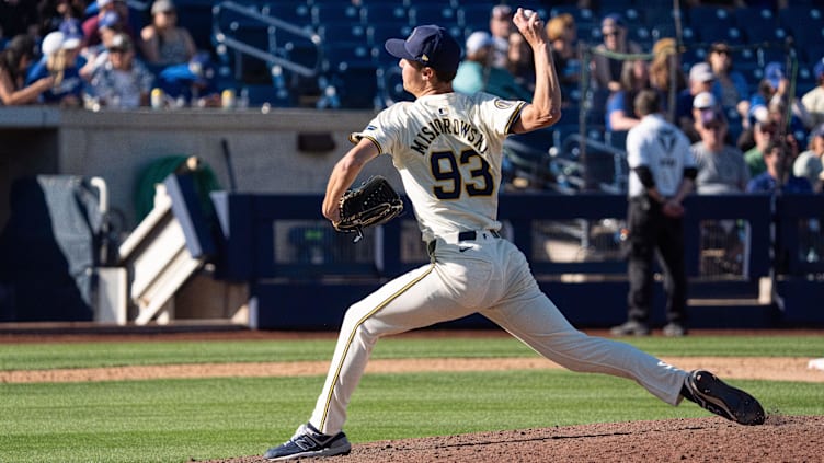 Mar 2, 2024; Phoenix, Arizona, USA; Milwaukee Brewers pitcher Jacob Misiorowski (93) on the mound in the eighth during a spring training game against the Los Angeles Dodgers at American Family Fields of Phoenix. Mandatory Credit: Allan Henry-USA TODAY Sports