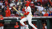 Cincinnati Reds shortstop Elly De La Cruz hits a three-run home run in the second inning against the Texas Rangers at Great American Ball Park. 