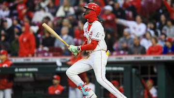 Cincinnati Reds shortstop Elly De La Cruz hits a three-run home run in the second inning against the Texas Rangers at Great American Ball Park. 