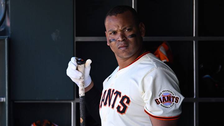 Jun 26, 2025; San Francisco, California, USA;  San Francisco Giants designated hitter Rafael Devers (16) stands in the dugout against the Miami Marlins in the seventh inning at Oracle Park. Mandatory Credit: Eakin Howard-Imagn Images