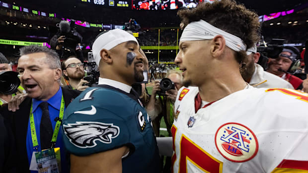 Philadelphia Eagles quarterback Jalen Hurts (1), Kansas City Chiefs quarterback Patrick Mahomes (15) following the Super Bowl Philadelphia Eagles quarterback Jalen Hurts (1), Kansas City Chiefs quarterback Patrick Mahomes (15) following the Super Bowl