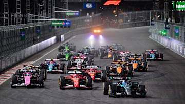 Nov 23, 2024; Las Vegas, Nevada, USA; Mercedes AMG Petronas driver George Russell (63) leads the field for the start of the Las Vegas Grand Prix at Las Vegas Circuit. Mandatory Credit: Gary A. Vasquez-Imagn Images