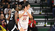 Jul 10, 2025; Washington, District of Columbia, USA; Washington Mystics guard Sonia Citron (22) reacts after scoring a basket against the Las Vegas Aces during the fourth quarter at EagleBank Arena. Mandatory Credit: Rafael Suanes-Imagn Images