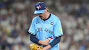 Oct 28, 2025; Los Angeles, California, USA; Toronto Blue Jays pitcher Shane Bieber (57) reacts in the fifth inning against the Los Angeles Dodgers during game four of the 2025 MLB World Series at Dodger Stadium. Mandatory Credit: Kirby Lee-Imagn Images