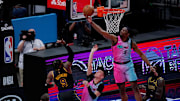 Apr 8, 2021; Miami, Florida, USA; Miami Heat forward Precious Achiuwa (5) blocks the shot of Los Angeles Lakers guard Wesley Matthews (9) during the second half at American Airlines Arena. Mandatory Credit: Jasen Vinlove-Imagn Images