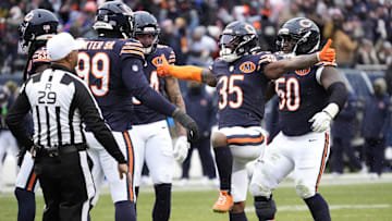 Nov 9, 2025; Chicago, Illinois, USA; Chicago Bears safety C.J. Gardner-Johnson (35) celebrates with defensive tackle Gervon Dexter Sr. (99) and defensive end Grady Jarrett (50) after a sack during the second half against the New York Giants at Soldier Field. Mandatory Credit: David Banks-Imagn Images