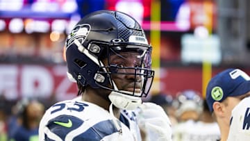 Dec 8, 2024; Glendale, Arizona, USA; Seattle Seahawks linebacker Boye Mafe (53) against the Arizona Cardinals at State Farm Stadium. Mandatory Credit: Mark J. Rebilas-Imagn Images