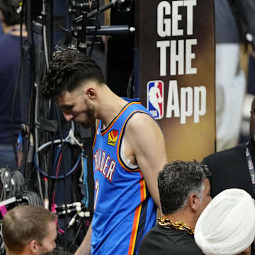 Jun 19, 2025; Indianapolis, Indiana, USA; Oklahoma City Thunder forward Chet Holmgren (7) walks of the court after losing the Indiana Pacers in game six of the 2025 NBA Finals between the Oklahoma City Thunder and the Indiana Pacers at Gainbridge Fieldhouse. Mandatory Credit: Kyle Terada-Imagn Images