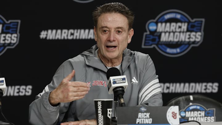 Mar 26, 2026; Washington, DC, USA; St. John's basketball head coach Rick Pitino speaks with the media during a press conference ahead of the east regional of the men's 2026 NCAA Tournament at Capital One Arena.