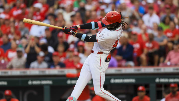 Aug 12, 2024; Cincinnati, Ohio, USA; Cincinnati Reds shortstop Elly De La Cruz (44) hits a solo home run in the third inning against the St. Louis Cardinals at Great American Ball Park. Mandatory Credit: Katie Stratman-USA TODAY Sports