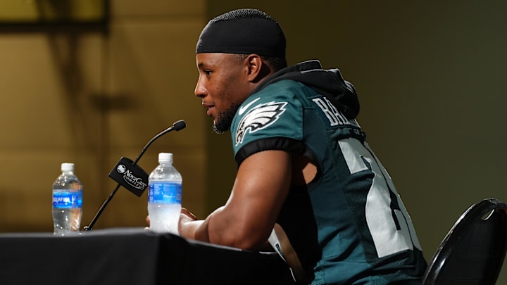 Jun 10, 2025; Philadelphia, PA, USA; Philadelphia Eagles running back Saquon Barkley (26) addresses media during a press conference at NovaCare Complex. Mandatory Credit: Kyle Ross-Imagn Images