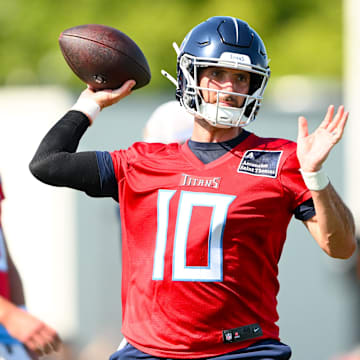 Jul 23, 2025; Nashville, TN, USA;  Tennessee Titans quarterback Brandon Allen (10) throws a pass during training camp at Ascension Saint Thomas Sports Park. Mandatory Credit: Steve Roberts-Imagn Images