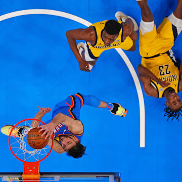 Thunder forward Chet Holmgren dunks against the Pacers during the 2025 NBA Finals.