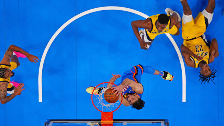 Thunder forward Chet Holmgren dunks against the Pacers during the 2025 NBA Finals.