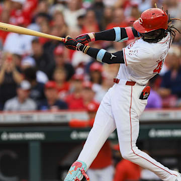 Aug 12, 2024; Cincinnati, Ohio, USA; Cincinnati Reds shortstop Elly De La Cruz (44) hits a solo home run in the third inning against the St. Louis Cardinals at Great American Ball Park. Mandatory Credit: Katie Stratman-Imagn Images