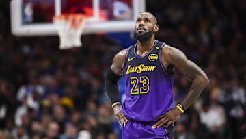 Jan 7, 2025; Dallas, Texas, USA; Los Angeles Lakers forward LeBron James (23) reacts against the Dallas Mavericks during the second half at American Airlines Center. 