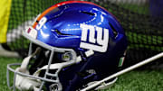 A detail view of a New York Giants helmet 